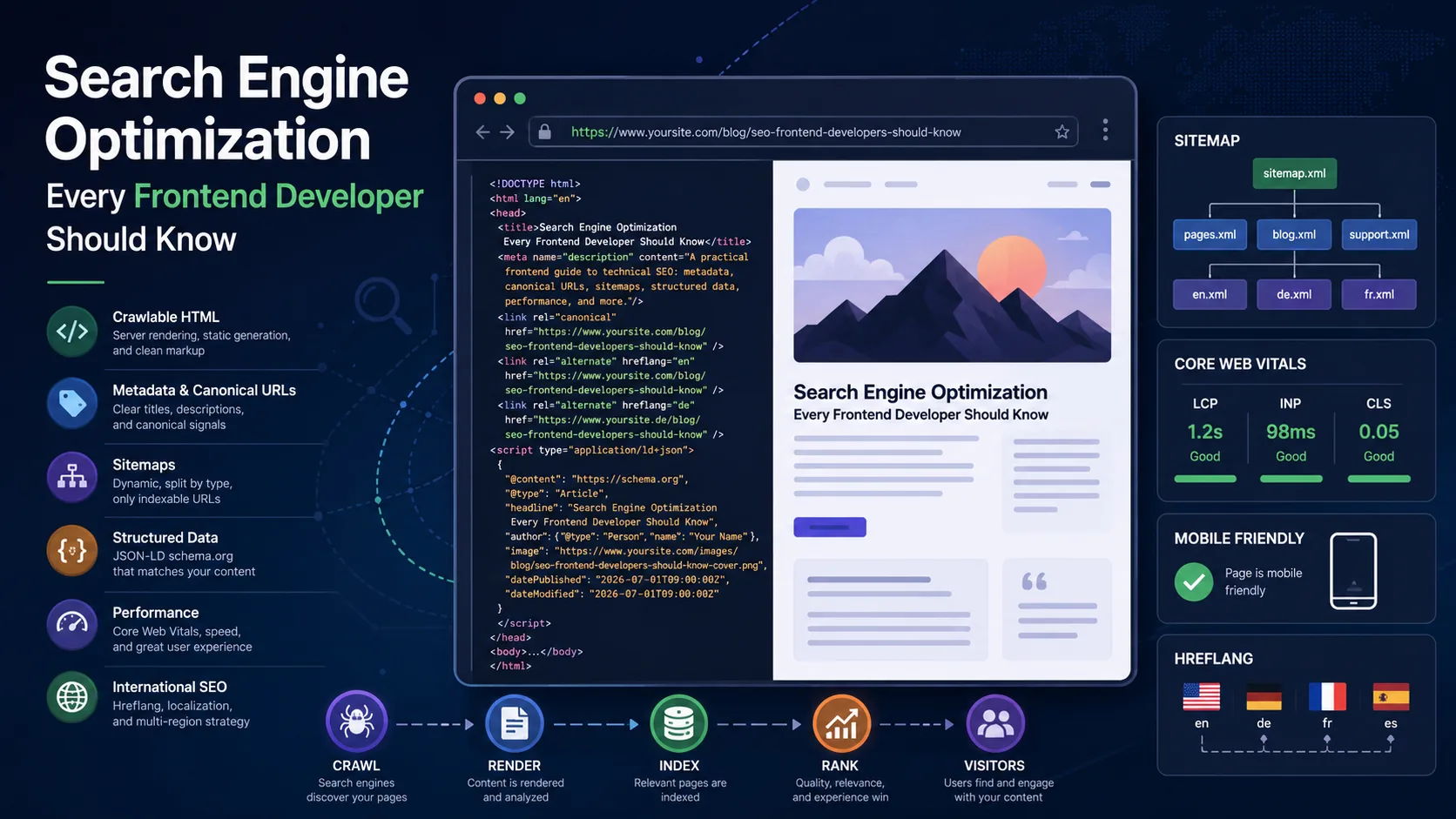 Cover image for an article about search engine optimization every frontend developer should know.