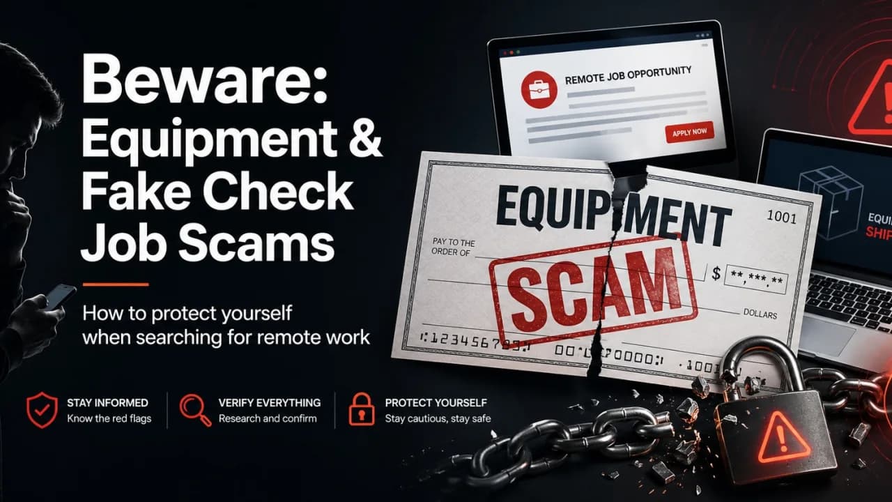 Warning cover image about equipment scam and fake check scam in remote hiring. Warning cover image about equipment scam and fake check scam in remote hiring.