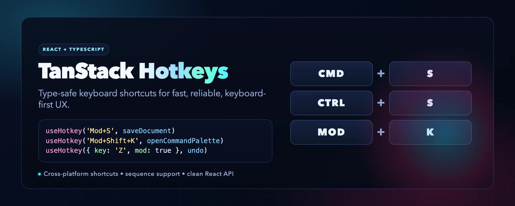 TanStack Hotkeys alpha banner with the title and subtitle about type-safe keyboard shortcuts. TanStack Hotkeys alpha banner with the title and subtitle about type-safe keyboard shortcuts.